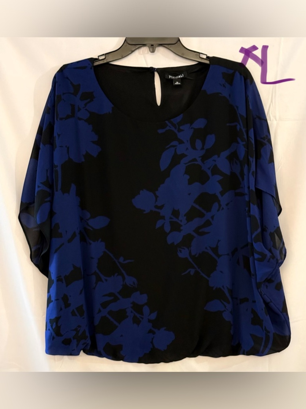 Roz & Ali Black and Blue Floral Dolman Sleeve Blouse